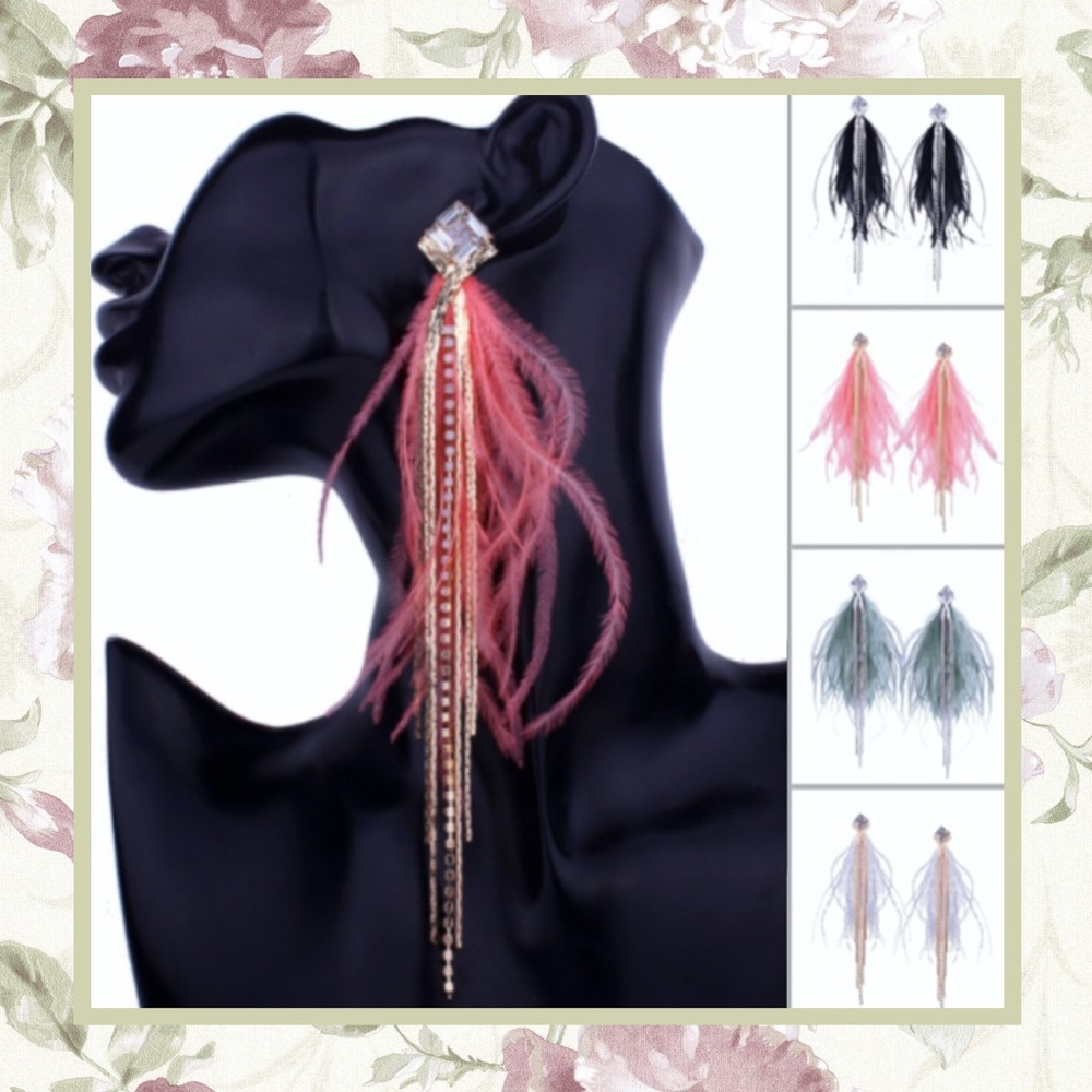🌸 DIAMOND PINK FEATHER EARRINGS BOHO OSTRICH CHIC BLING RHINESTONE GOOD PINK
